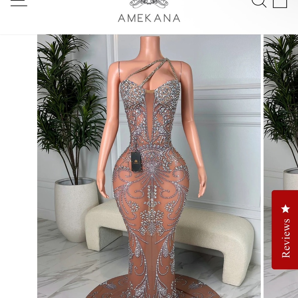 Amekana Nude One-Shoulder Crystal Evening Gown
